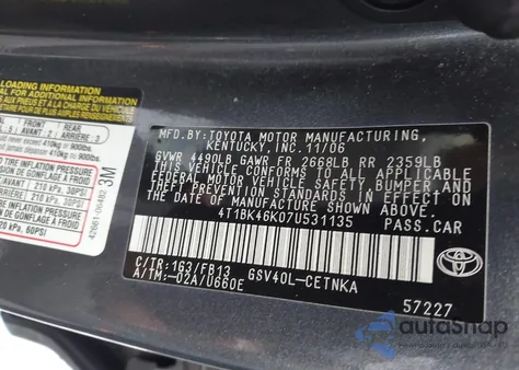 2007 Toyota Camry Le V6 z USA, uszkodzony, nr VIN 4T1BK46K07U531135